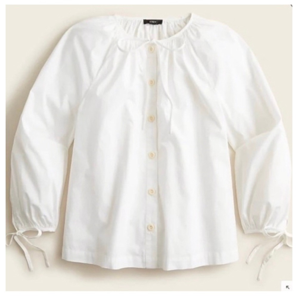 J.Crew Blouse Women S White Re-Imagined Tie Neck Balloon Sleeve Cotton Top